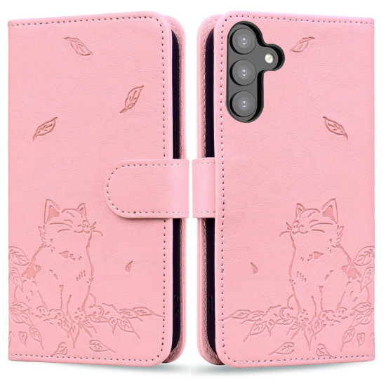 For Samsung Galaxy S24+ 5G Cute Cat Embossed Leather Phone Case(Pink)