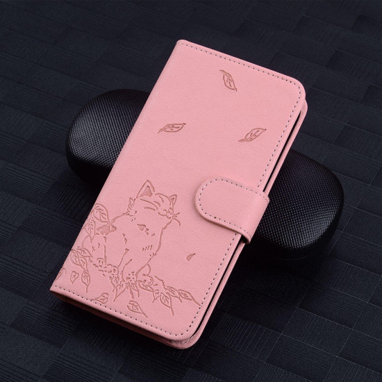 For Samsung Galaxy S24+ 5G Cute Cat Embossed Leather Phone Case(Pink)