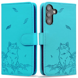 For Samsung Galaxy S24+ 5G Cute Cat Embossed Leather Phone Case(Lake Blue)