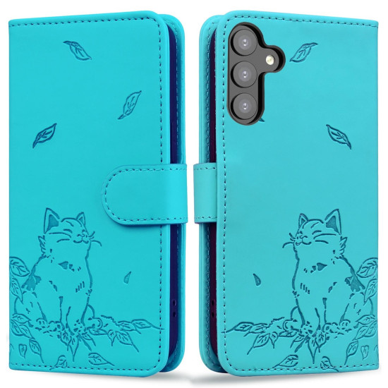 For Samsung Galaxy S24+ 5G Cute Cat Embossed Leather Phone Case(Lake Blue)