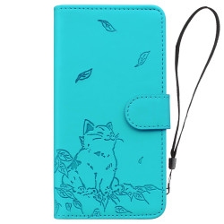 For Samsung Galaxy S24+ 5G Cute Cat Embossed Leather Phone Case(Lake Blue)