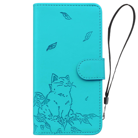 For Samsung Galaxy S24+ 5G Cute Cat Embossed Leather Phone Case(Lake Blue)