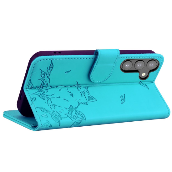 For Samsung Galaxy S24+ 5G Cute Cat Embossed Leather Phone Case(Lake Blue)