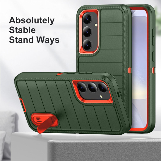 For Samsung Galaxy S24+ 5G Defender Gen2 Rugged PC + Silicone Phone Case with Holder(Dark Green+Orange)
