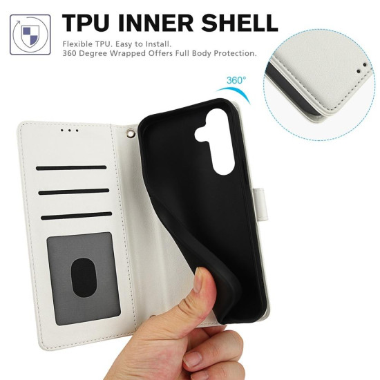 For Samsung Galaxy S24+ 5G Skin Feel Pure Color Card Slots Leather Phone Case with Dual Lanyard(White)