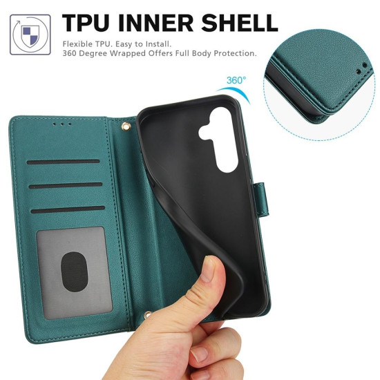For Samsung Galaxy S24+ 5G Skin Feel Pure Color Card Slots Leather Phone Case with Dual Lanyard(Green)