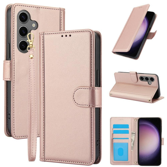 For Samsung Galaxy S24+ 5G Skin Feel Pure Color Card Slots Leather Phone Case with Dual Lanyard(Rose Gold)