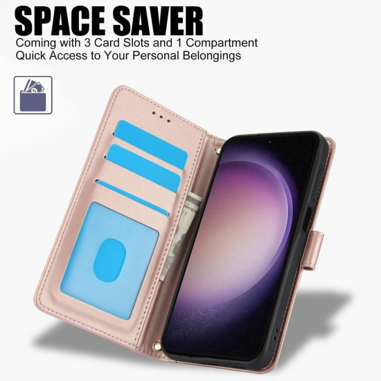 For Samsung Galaxy S24+ 5G Skin Feel Pure Color Card Slots Leather Phone Case with Dual Lanyard(Rose Gold)