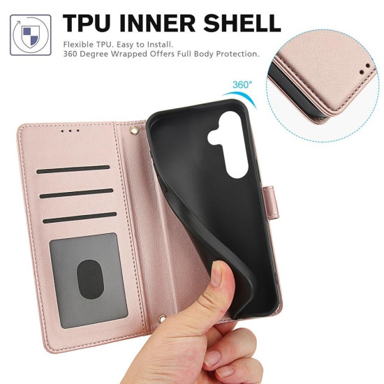 For Samsung Galaxy S24+ 5G Skin Feel Pure Color Card Slots Leather Phone Case with Dual Lanyard(Rose Gold)