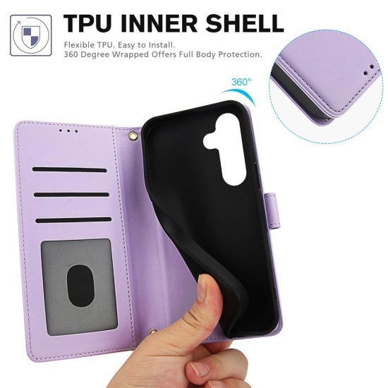 For Samsung Galaxy S24+ 5G Skin Feel Pure Color Card Slots Leather Phone Case with Dual Lanyard(Purple)