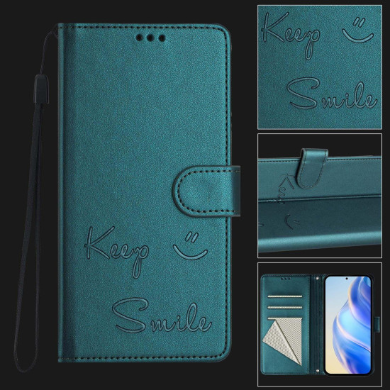 For Samsung Galaxy S24+ 5G Smile Embossing RFID Leather Phone Case(Peacock Green)
