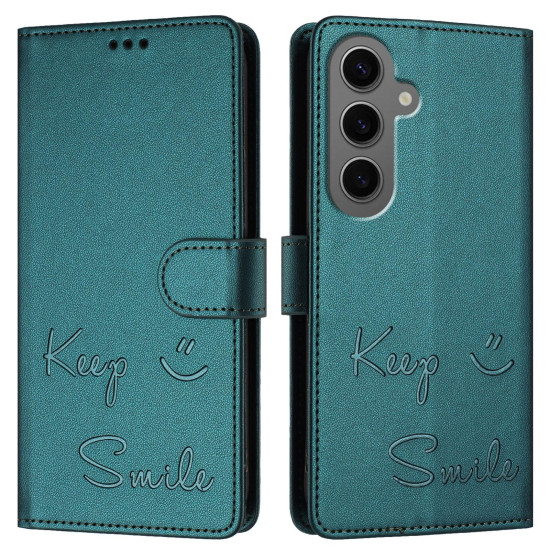 For Samsung Galaxy S24+ 5G Smile Embossing RFID Leather Phone Case(Peacock Green)