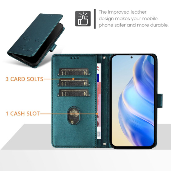 For Samsung Galaxy S24+ 5G Smile Embossing RFID Leather Phone Case(Peacock Green)