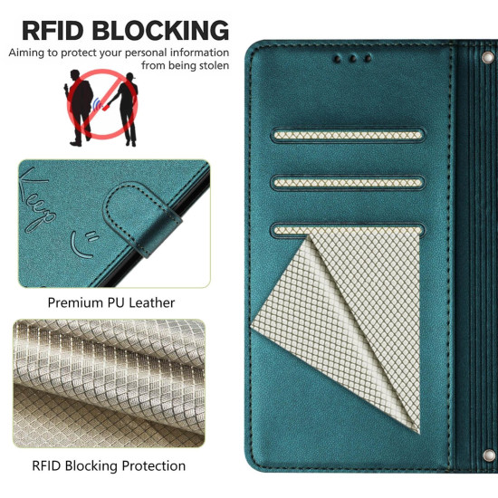 For Samsung Galaxy S24+ 5G Smile Embossing RFID Leather Phone Case(Peacock Green)