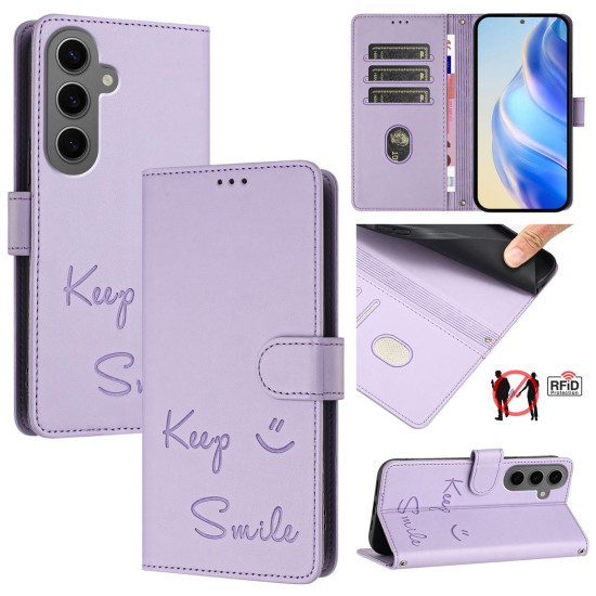 For Samsung Galaxy S24+ 5G Smile Embossing RFID Leather Phone Case(Light Purple)