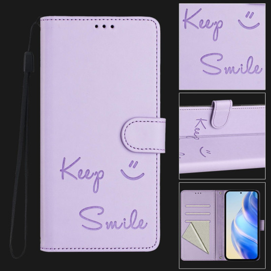 For Samsung Galaxy S24+ 5G Smile Embossing RFID Leather Phone Case(Light Purple)