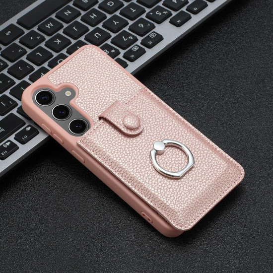 For Samsung Galaxy S24+ 5G Litchi Texture Drawing Card Bag Ring Holder Phone Case(Rose Gold)