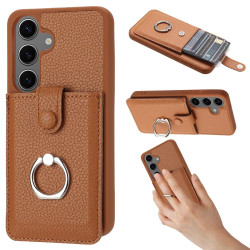For Samsung Galaxy S24+ 5G Litchi Texture Drawing Card Bag Ring Holder Phone Case(Brown)