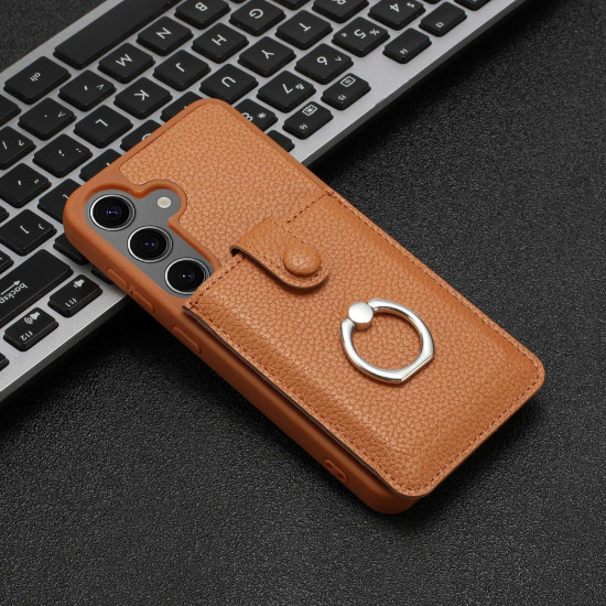 For Samsung Galaxy S24+ 5G Litchi Texture Drawing Card Bag Ring Holder Phone Case(Brown)