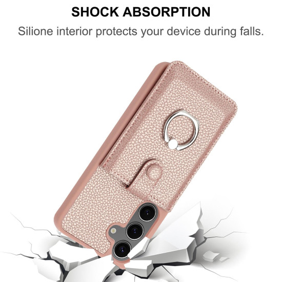 For Samsung Galaxy S24+ 5G Litchi Texture Drawing Card Bag Ring Holder Phone Case(Wine Red)