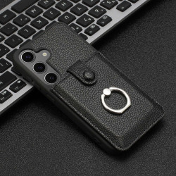 For Samsung Galaxy S24+ 5G Litchi Texture Drawing Card Bag Ring Holder Phone Case(Black)