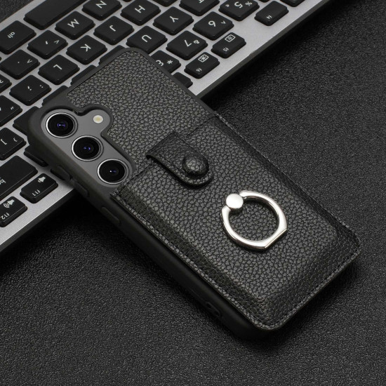 For Samsung Galaxy S24+ 5G Litchi Texture Drawing Card Bag Ring Holder Phone Case(Black)