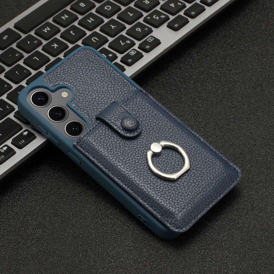 For Samsung Galaxy S24+ 5G Litchi Texture Drawing Card Bag Ring Holder Phone Case(Blue)