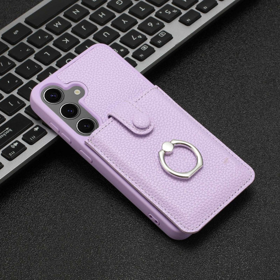 For Samsung Galaxy S24+ 5G Litchi Texture Drawing Card Bag Ring Holder Phone Case(Purple)