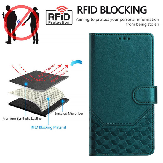 For Samsung Galaxy S24+ 5G Honeycomb Embossing RFID Leather Phone Case(Peacock Green)