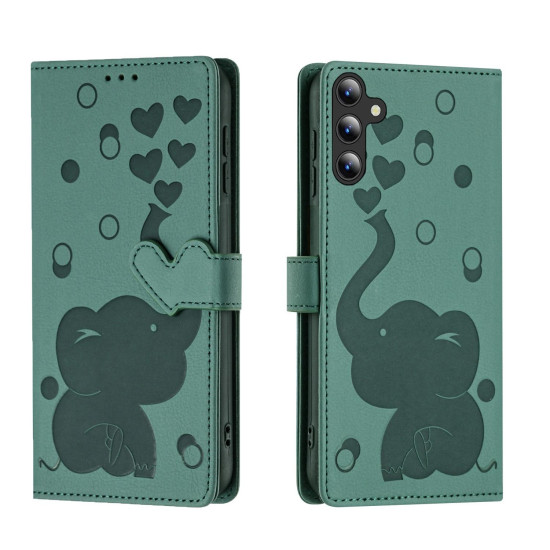 For Samsung Galaxy S24+ 5G Cartoon Elephant Embossed Leather Phone Case(Green)