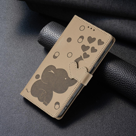 For Samsung Galaxy S24+ 5G Cartoon Elephant Embossed Leather Phone Case(Khaki)