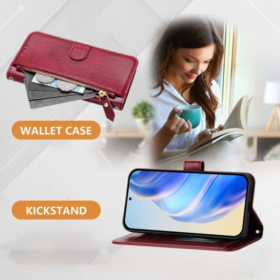 For Samsung Galaxy S24+ 5G Multi-Card Slots Zipper Wallet Leather Phone Case(Dark Red)