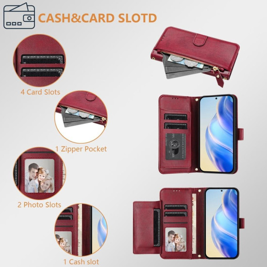 For Samsung Galaxy S24+ 5G Multi-Card Slots Zipper Wallet Leather Phone Case(Dark Red)
