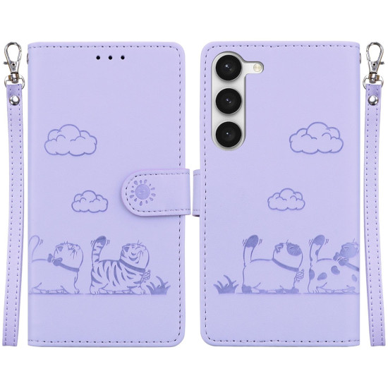 For Samsung Galaxy S23 5G Cute Cats RFID Leather Phone Case(Purple)