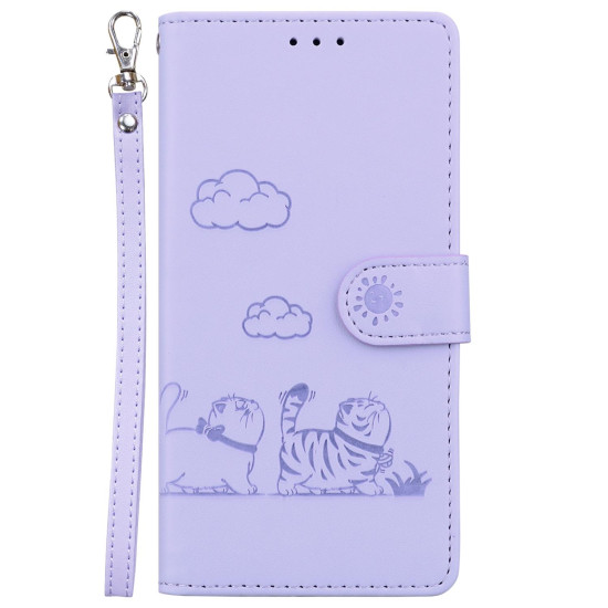 For Samsung Galaxy S23 5G Cute Cats RFID Leather Phone Case(Purple)