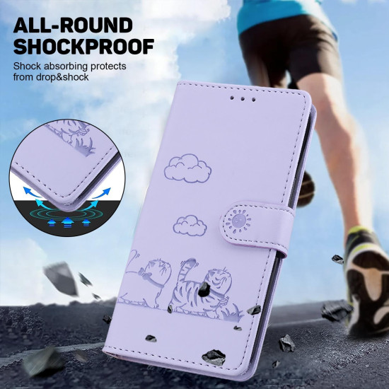 For Samsung Galaxy S23 5G Cute Cats RFID Leather Phone Case(Purple)