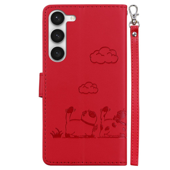 For Samsung Galaxy S23 5G Cute Cats RFID Leather Phone Case(Red)