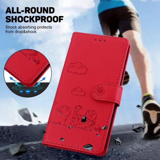 For Samsung Galaxy S23 5G Cute Cats RFID Leather Phone Case(Red)