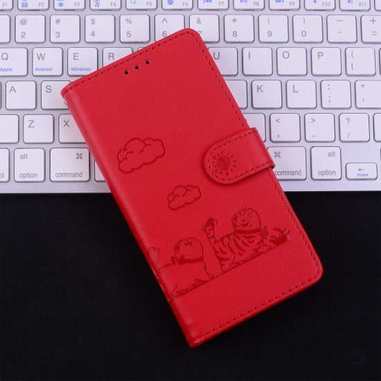 For Samsung Galaxy S23 5G Cute Cats RFID Leather Phone Case(Red)