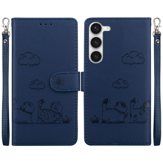 For Samsung Galaxy S23 5G Cute Cats RFID Leather Phone Case(Blue)