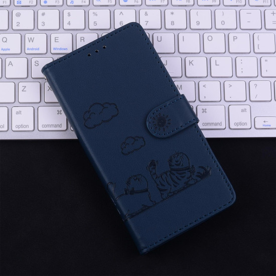 For Samsung Galaxy S23 5G Cute Cats RFID Leather Phone Case(Blue)