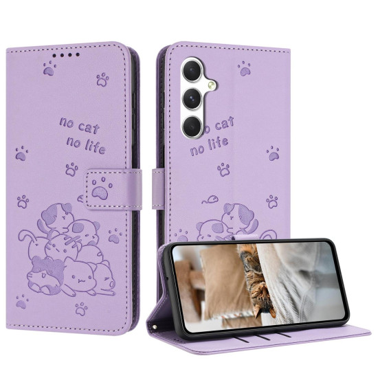 For Samsung Galaxy S25+ / S24+ 5G Embossed Kitten Phone Leather Case with Lanyard(Purple)