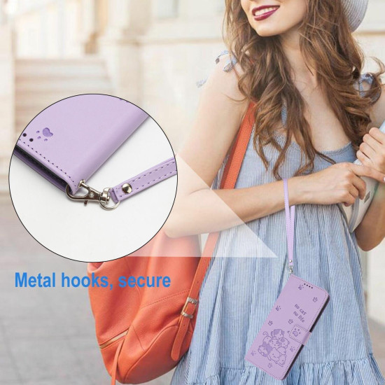 For Samsung Galaxy S25+ / S24+ 5G Embossed Kitten Phone Leather Case with Lanyard(Purple)