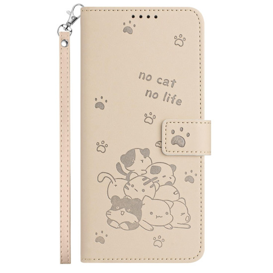 For Samsung Galaxy S25+ / S24+ 5G Embossed Kitten Phone Leather Case with Lanyard(Beige)