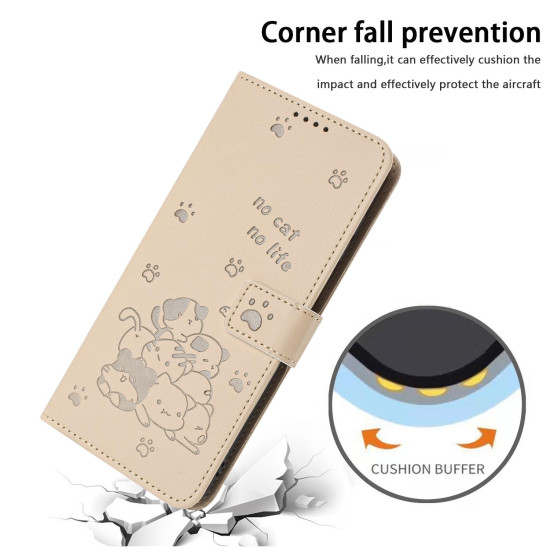 For Samsung Galaxy S25+ / S24+ 5G Embossed Kitten Phone Leather Case with Lanyard(Beige)