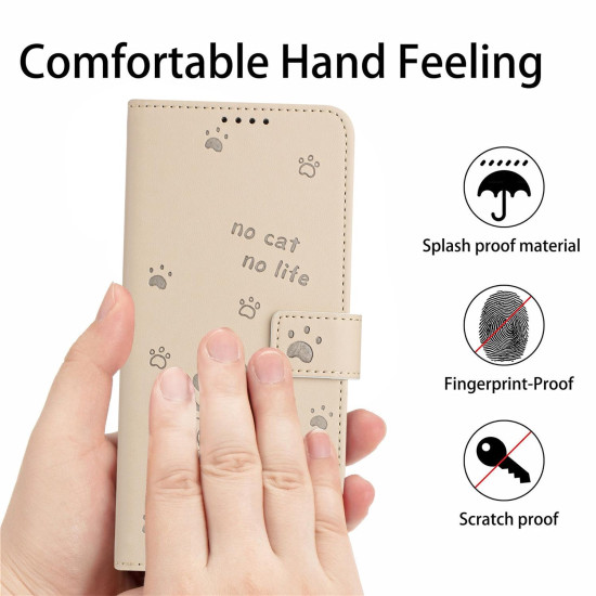 For Samsung Galaxy S25+ / S24+ 5G Embossed Kitten Phone Leather Case with Lanyard(Beige)