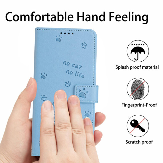 For Samsung Galaxy S25+ / S24+ 5G Embossed Kitten Phone Leather Case with Lanyard(Blue)