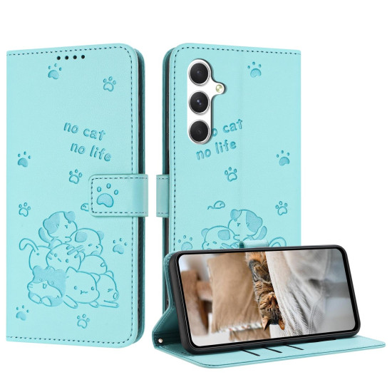 For Samsung Galaxy S25+ / S24+ 5G Embossed Kitten Phone Leather Case with Lanyard(Mint Green)