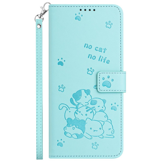 For Samsung Galaxy S25+ / S24+ 5G Embossed Kitten Phone Leather Case with Lanyard(Mint Green)