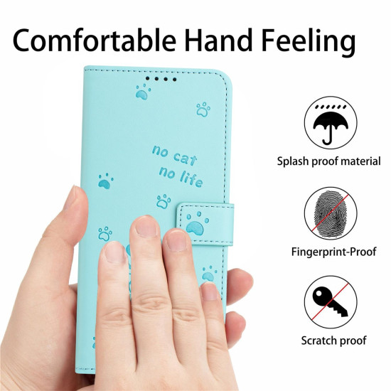 For Samsung Galaxy S25+ / S24+ 5G Embossed Kitten Phone Leather Case with Lanyard(Mint Green)
